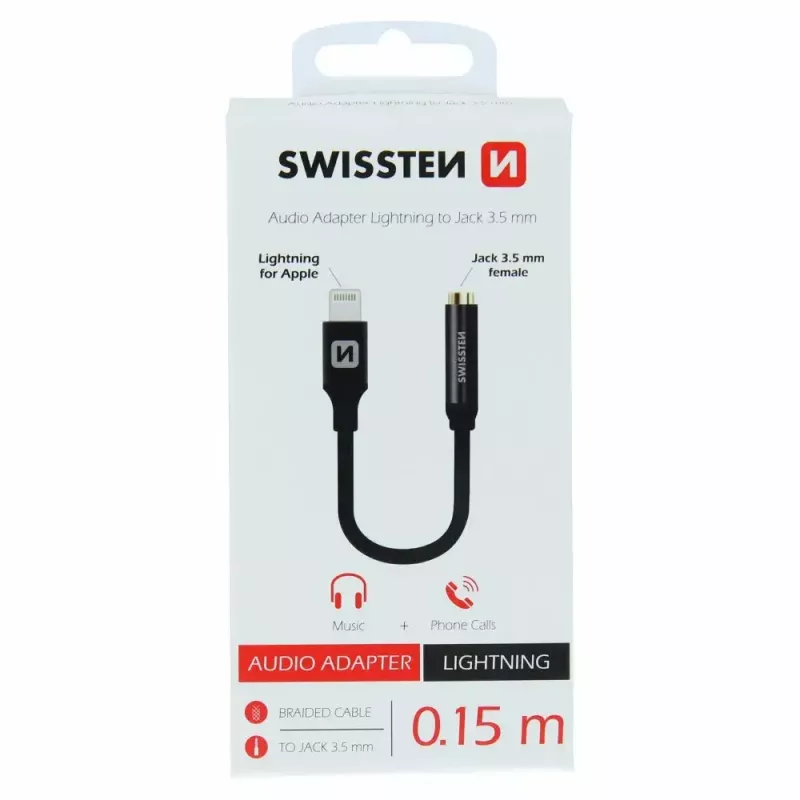 Audioadapteri SWISSTEN Lightning - 3,5 mm liitäntä SW-LIGHT-3.5MM-BK, kaapeli 0,15 m, musta