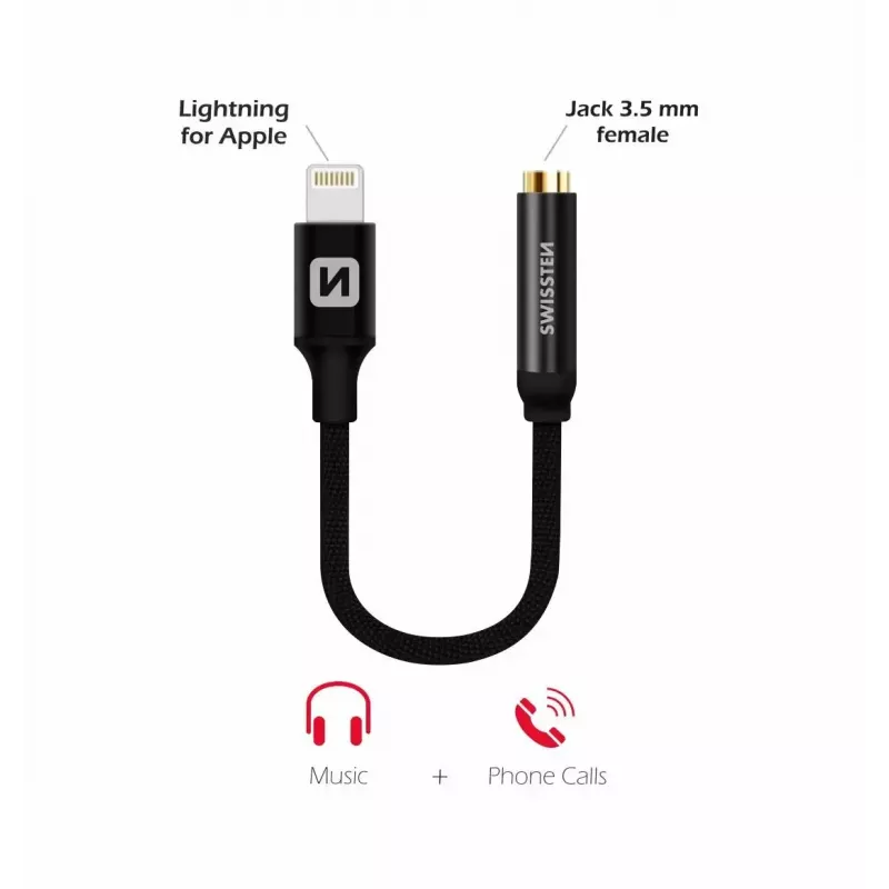 Audioadapteri SWISSTEN Lightning - 3,5 mm liitäntä SW-LIGHT-3.5MM-BK, kaapeli 0,15 m, musta