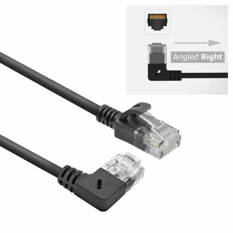 ACT musta 2 metrin U/UTP CAT6A LSZH Slimline -patchkaapeli RJ45-liittimillä, 90° kulma oikealle suoraan