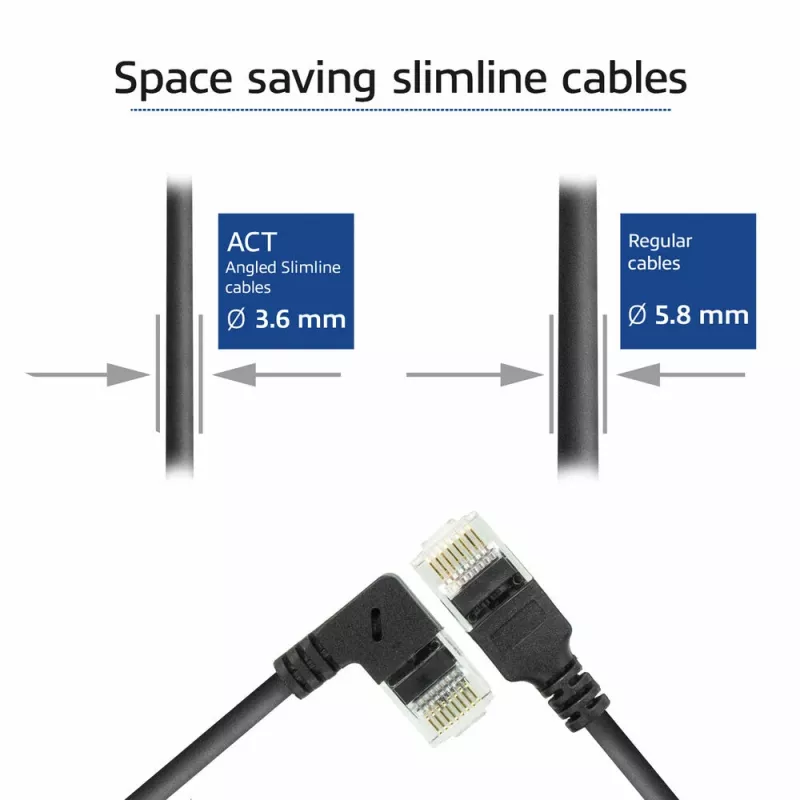 ACT musta 2 metrin U/UTP CAT6A LSZH Slimline -patchkaapeli RJ45-liittimillä, 90° kulma oikealle suoraan