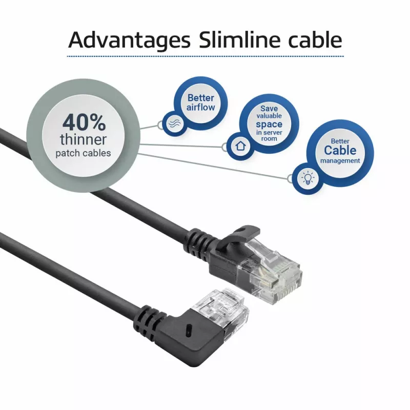 ACT musta 3 metrin U/UTP CAT6A LSZH Slimline -patchkaapeli RJ45-liittimillä 90° kulma oikealle suoraan