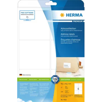 Osoitetarrat Premium HERMA 4502 A4 99,1x93,1 mm