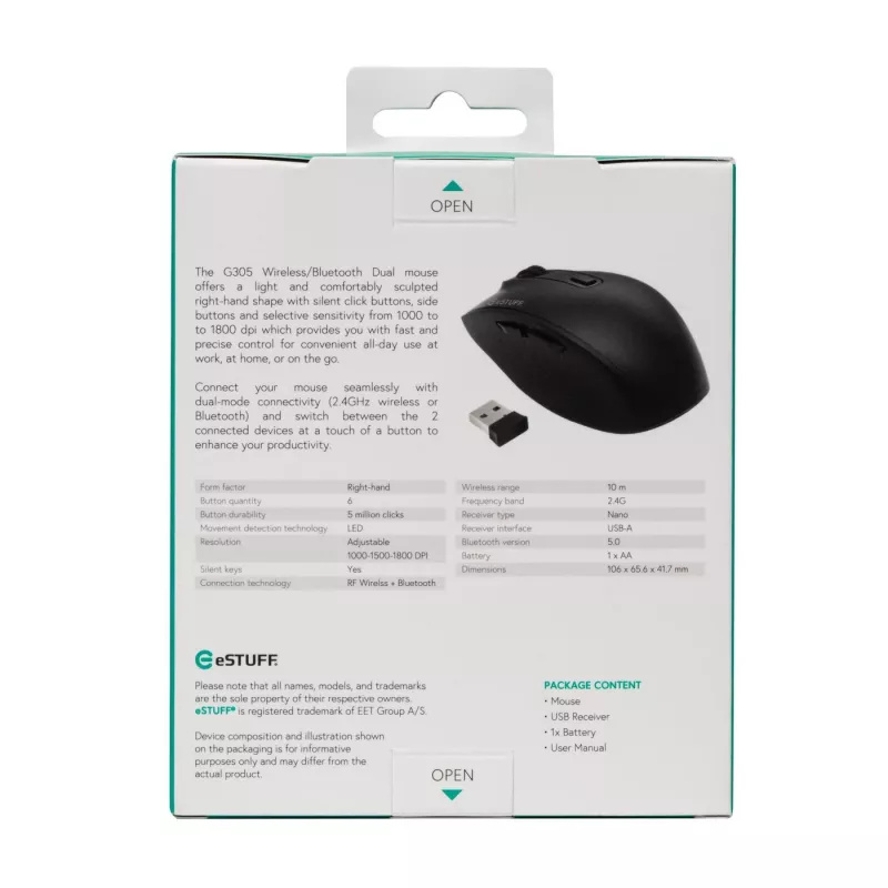 eSTUFF GLB214002 hiiri toimisto oikeakätinen RF langaton + Bluetooth IR-LED 1800 DPI