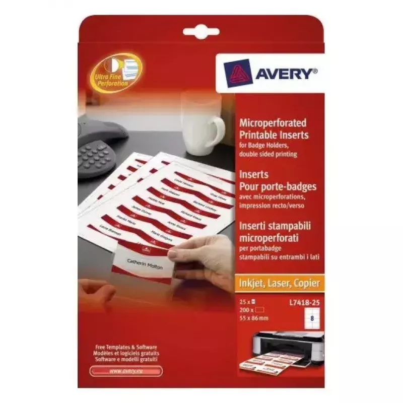Avery L7418-25 nimitarrat, valkoinen, 86 x 55 mm, 200 tarraa (25 arkkia)