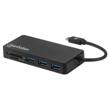 Manhattan USB-C-telakka/keskitin kortinlukijalla, liitännät (x3): USB-A (x3), 5 Gbit/s (USB 3.2 Gen1 alias USB 3.0), ulkoinen virtalähde ei tarpeen, yleispätevä kaikille laitteille, SuperSpeed USB, musta, kolmen vuoden takuu