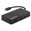 Manhattan USB-C-telakka/keskitin kortinlukijalla, liitännät (x3): USB-A (x3), 5 Gbit/s (USB 3.2 Gen1 alias USB 3.0), ulkoinen virtalähde ei tarpeen, yleispätevä kaikille laitteille, SuperSpeed USB, musta, kolmen vuoden takuu