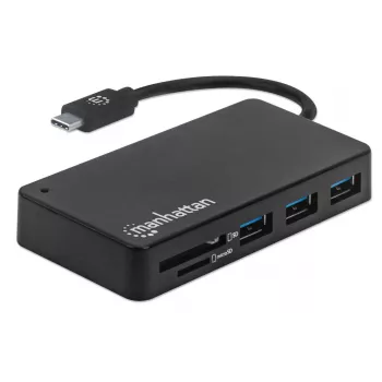 Manhattan USB-C-telakka/keskitin kortinlukijalla, liitännät (x3): USB-A (x3), 5 Gbit/s (USB 3.2 Gen1 alias USB 3.0), ulkoinen virtalähde ei tarpeen, yleispätevä kaikille laitteille, SuperSpeed USB, musta, kolmen vuoden takuu