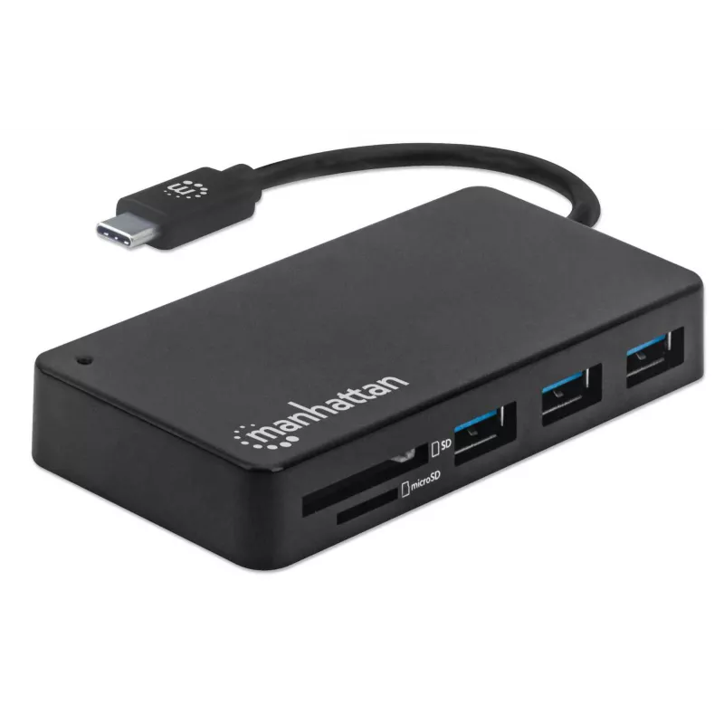 Manhattan USB-C-telakka/keskitin kortinlukijalla, liitännät (x3): USB-A (x3), 5 Gbit/s (USB 3.2 Gen1 alias USB 3.0), ulkoinen virtalähde ei tarpeen, yleispätevä kaikille laitteille, SuperSpeed USB, musta, kolmen vuoden takuu