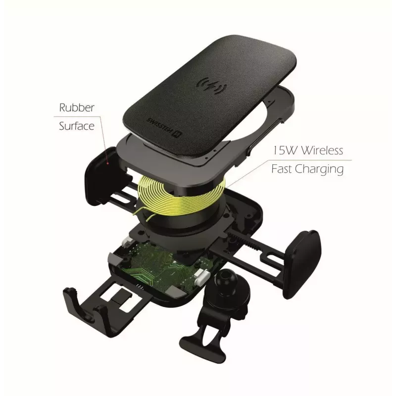 Swissten S-Grip W2-AV5 autopidike 15 W:n langattomalla laturilla, USB/USB-C-kaapelilla, musta
