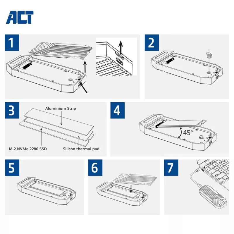ACT USB 40 Gbit/s M.2 2280 NVMe / PCIe SSD-kotelo, työkaluvapaa