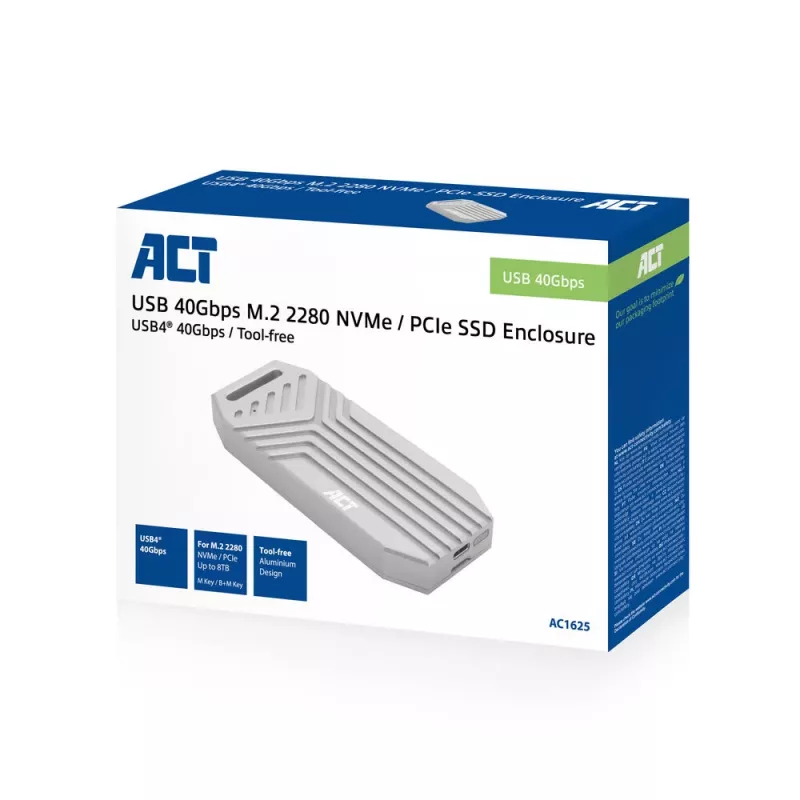 ACT USB 40 Gbit/s M.2 2280 NVMe / PCIe SSD-kotelo, työkaluvapaa