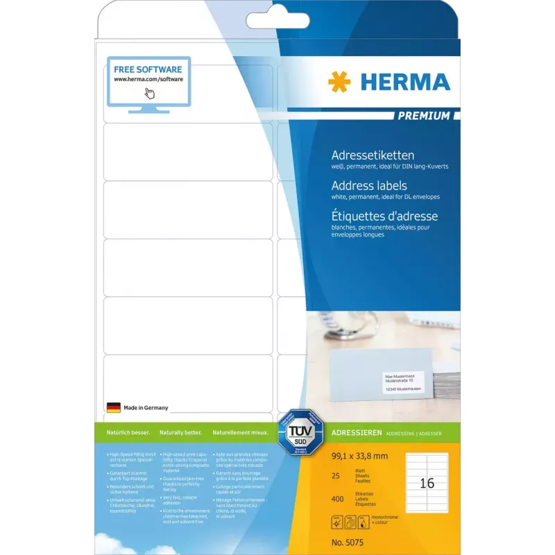 Osoitetarrat Premium HERMA A4 99,1x33,8 mm 400 kpl