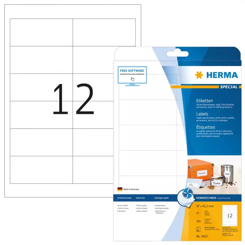 Mustesuihkutarrat HERMA A4 97x42,3 mm 300 kpl