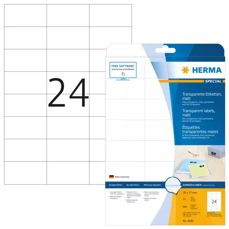 Läpinäkyvät mattatarrat A4 HERMA 70x37 mm 600 kpl
