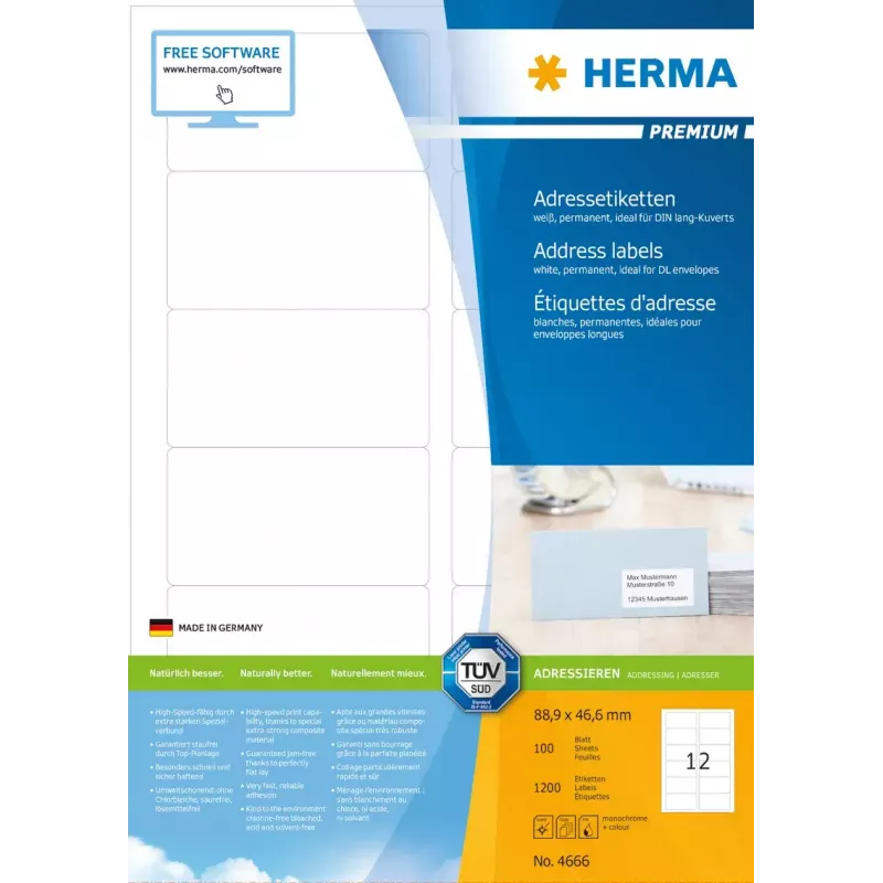 Osoitetarrat Premium HERMA A4 88,9x46,6 mm 1200 kpl