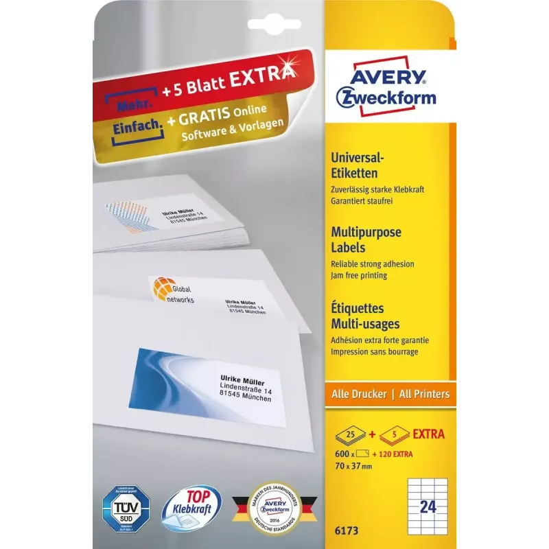 Avery Zweckform 6173 itseliimautuvat tarrat, 70 x 37 mm, pysyvä liima, valkoiset