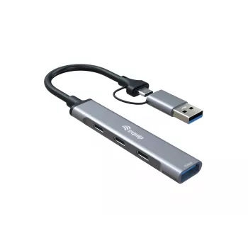 USB 3.2 Gen 1 4-porttinen keskitin EQUIP — 3× USB-C + 1× USB-A, 5 Gbit/s, alumiini, harmaa