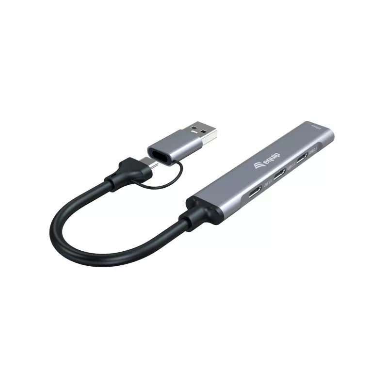 USB 3.2 Gen 1 4-porttinen keskitin EQUIP — 3× USB-C + 1× USB-A, 5 Gbit/s, alumiini, harmaa