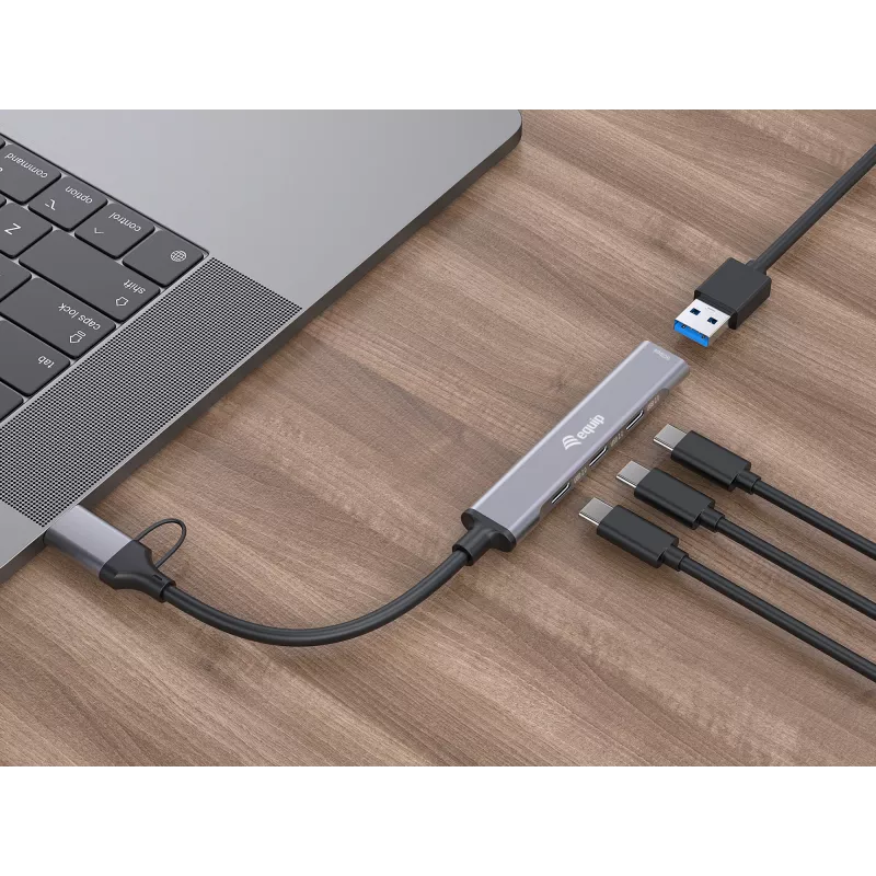 USB 3.2 Gen 1 4-porttinen keskitin EQUIP — 3× USB-C + 1× USB-A, 5 Gbit/s, alumiini, harmaa