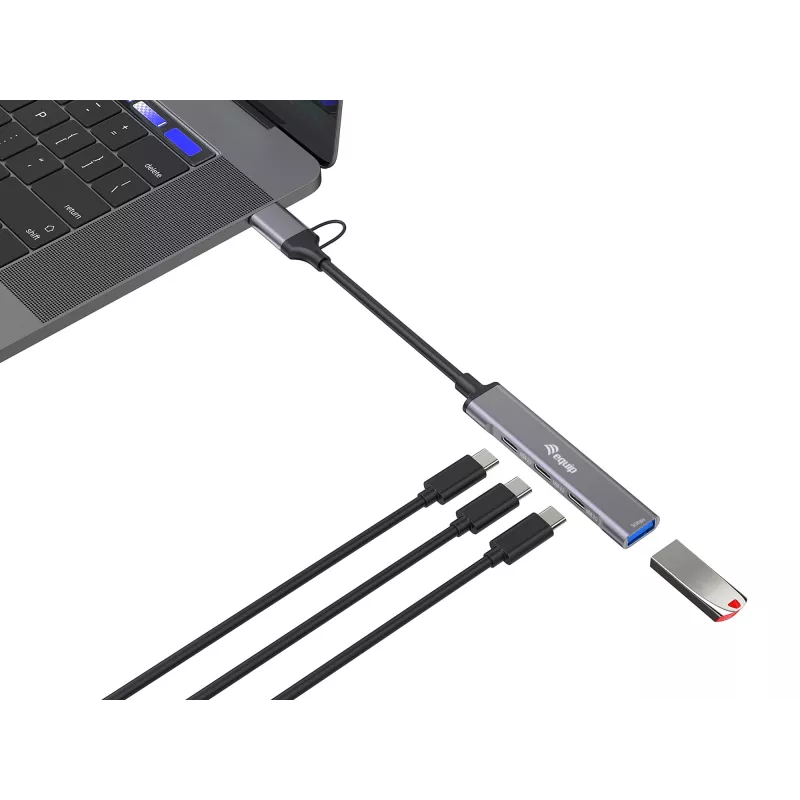 USB 3.2 Gen 1 4-porttinen keskitin EQUIP — 3× USB-C + 1× USB-A, 5 Gbit/s, alumiini, harmaa