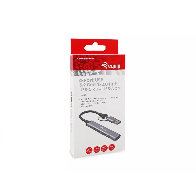 USB 3.2 Gen 1 4-porttinen keskitin EQUIP — 3× USB-C + 1× USB-A, 5 Gbit/s, alumiini, harmaa