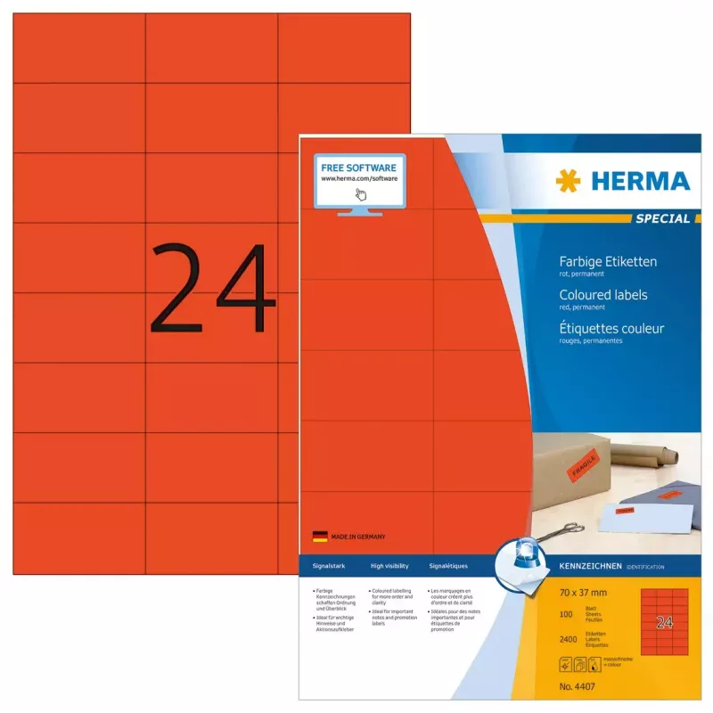 Tarrat HERMA värillinen A4 70x37 mm punainen paperi matta 2400 kpl
