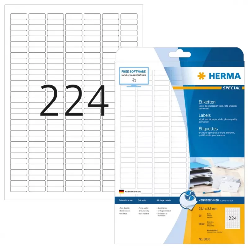Mustesuihkutarrat HERMA A4 25,4x8,5 mm valkoinen paperi matta 5600 kpl