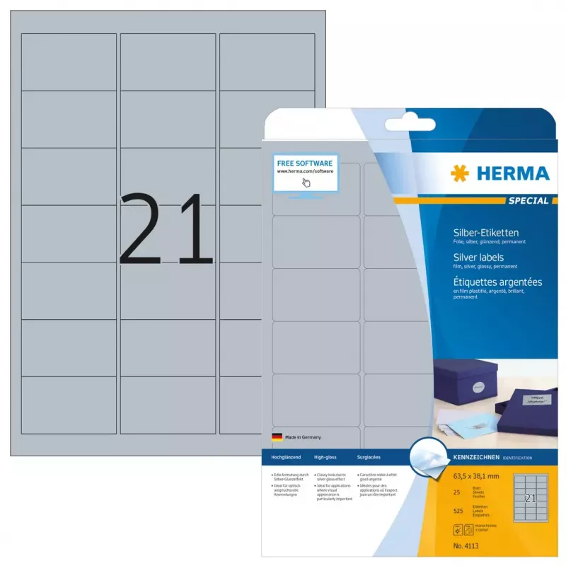 Itseliimautuva tulostintarra HERMA Labels A4 63,5x38,1 mm hopea kalvo kiiltävä