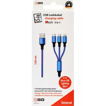 USB-kaapeli 2GO 797151 1,5 m USB-B USB-C/micro-USB-B/Lightning musta sininen
