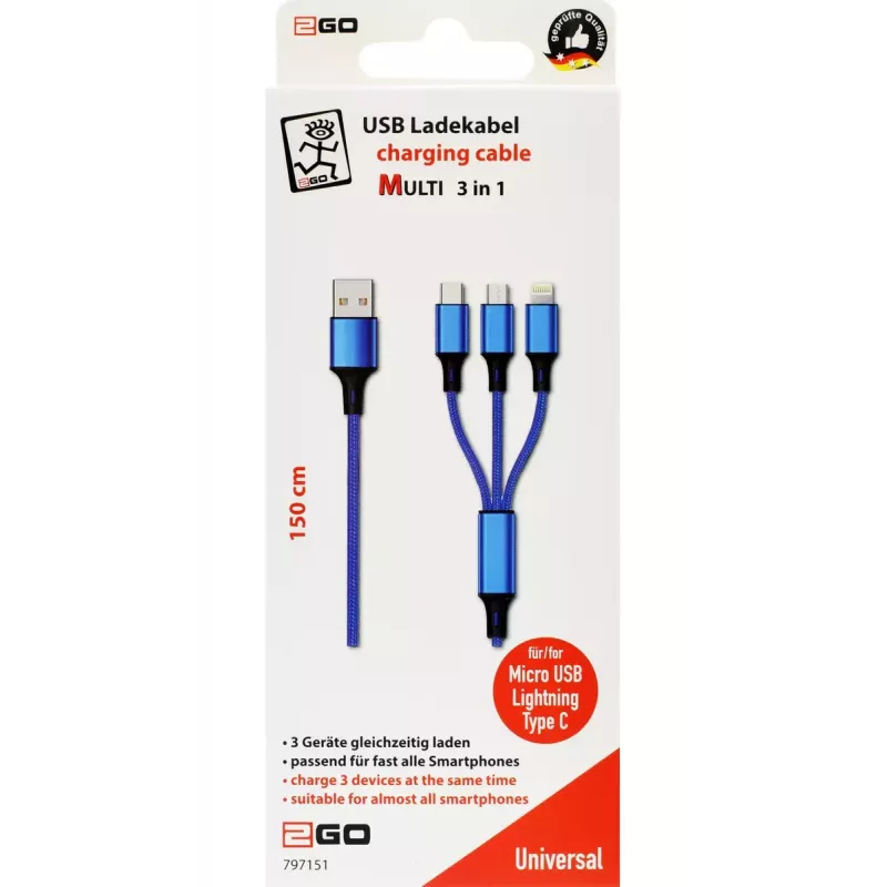 USB-kaapeli 2GO 797151 1,5 m USB-B USB-C/micro-USB-B/Lightning musta sininen
