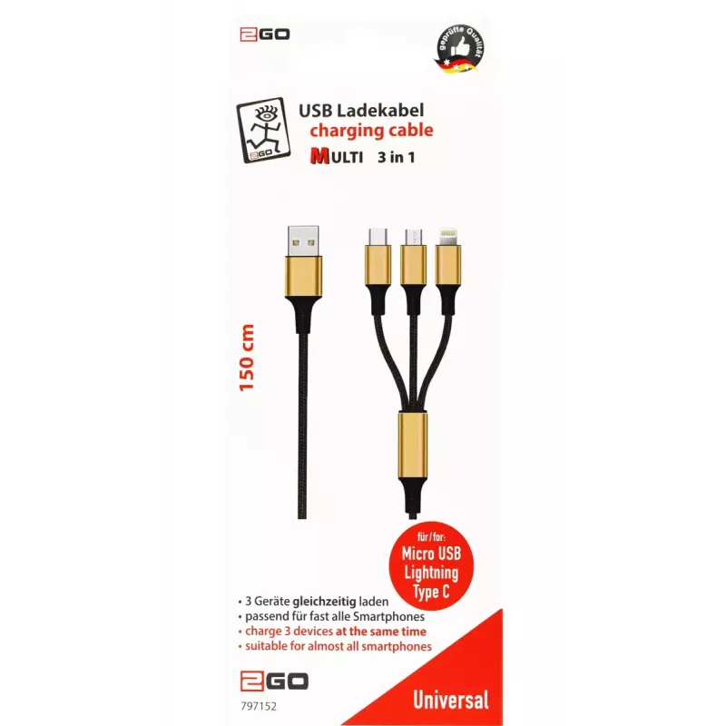 USB-kaapeli 2GO 797152 3m USB B USB C/micro-USB B/Lightning musta kulta