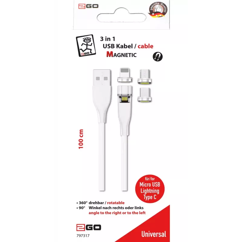 USB-kaapeli 2GO 797317 1m USB B USB C/micro-USB B/Lightning valkoinen