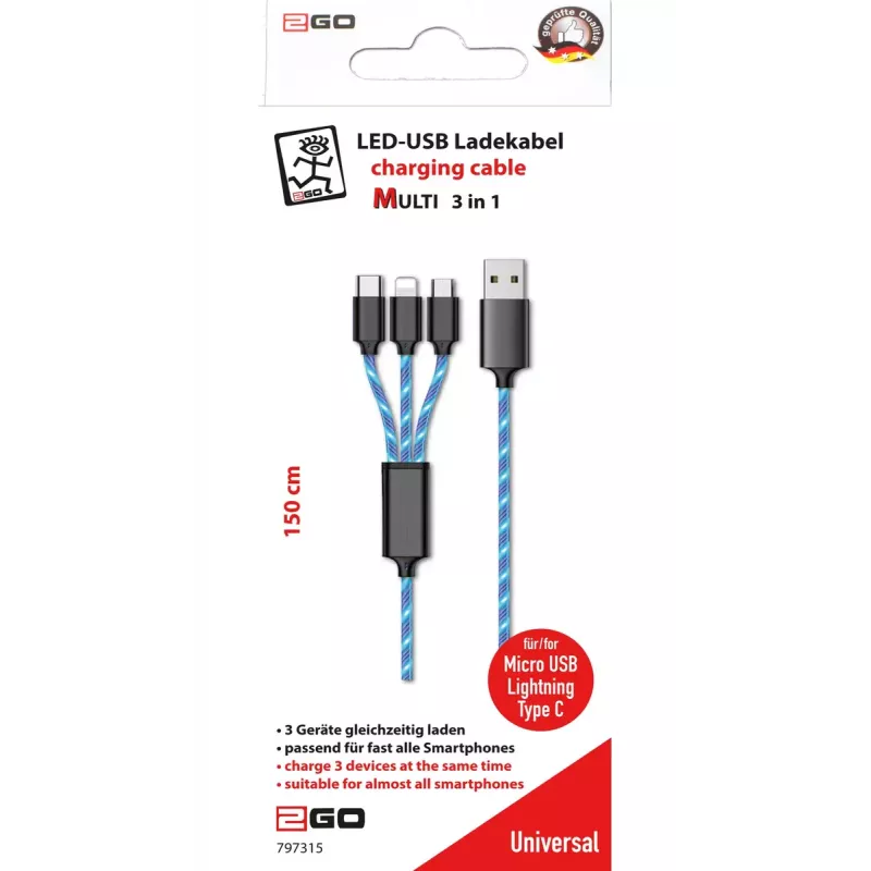 USB-kaapeli 2GO 797315 1,5m USB B USB C/micro-USB B/Lightning musta sininen