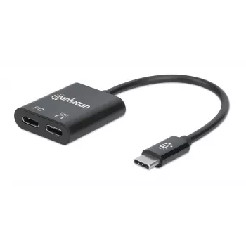 Manhattan USB-C - USB-C -äänisovitin ja USB-C (sis. Power Delivery), musta, 480 Mbit/s (USB 2.0), kaapeli 11 cm, Power Delivery USB-C-porttiin (60W), kolmen vuoden takuu