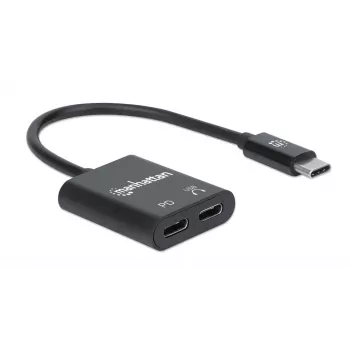 Manhattan USB-C - USB-C -äänisovitin ja USB-C (sis. Power Delivery), musta, 480 Mbit/s (USB 2.0), kaapeli 11 cm, Power Delivery USB-C-porttiin (60W), kolmen vuoden takuu