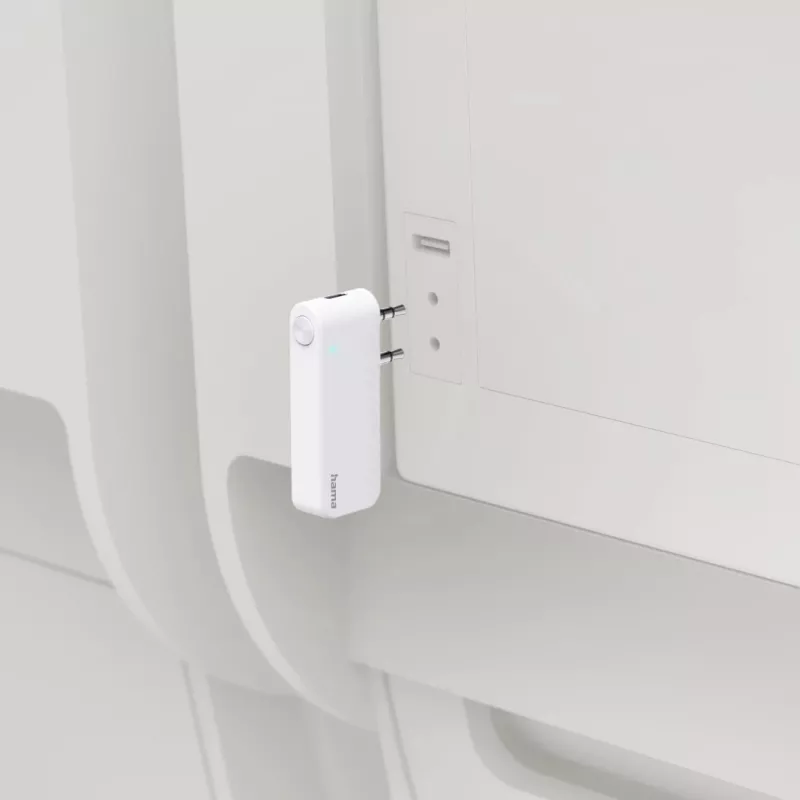 Hama 00014171 Bluetooth-äänilähetin lentokoneisiin ja yleiskäyttöön, 10 h, AUX, valkoinen