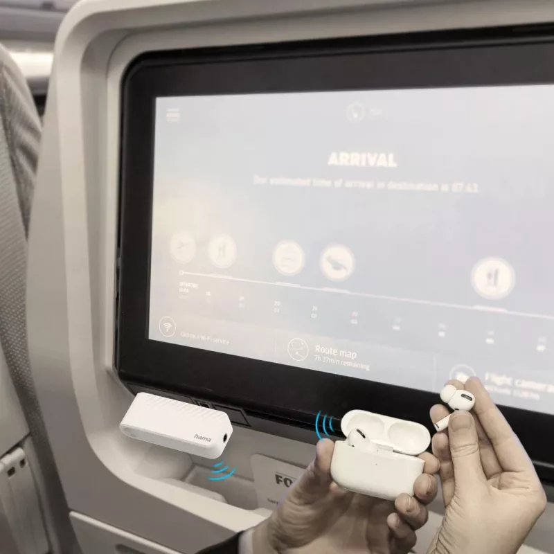 Hama 00014171 Bluetooth-äänilähetin lentokoneisiin ja yleiskäyttöön, 10 h, AUX, valkoinen