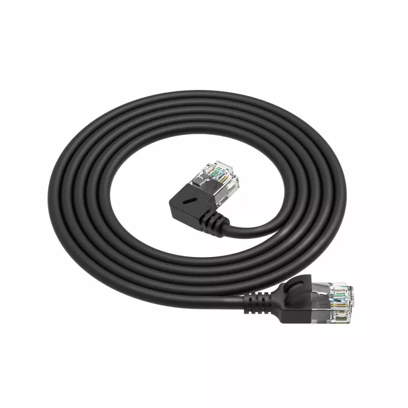 ACT musta 2 metriä U/UTP CAT6A LSZH Slimline-patch-kaapeli RJ45-liittimillä 90° kulma vasen suoraan