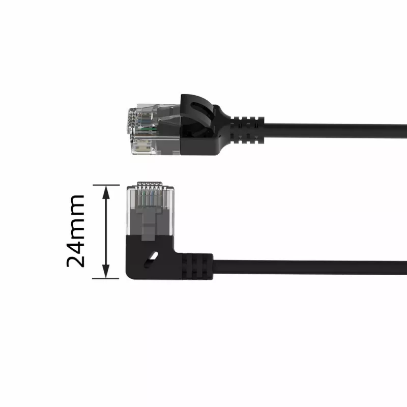 ACT musta 2 metriä U/UTP CAT6A LSZH Slimline-patch-kaapeli RJ45-liittimillä 90° kulma vasen suoraan