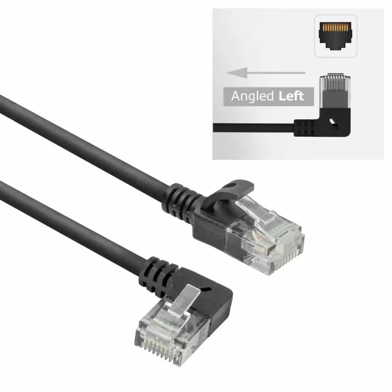 ACT musta 5 metriä U/UTP CAT6A LSZH Slimline-patch-kaapeli RJ45-liittimillä 90° kulma vasen suoraan