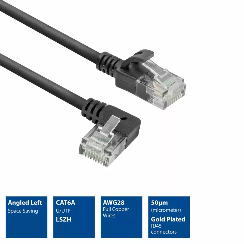 ACT musta 5 metriä U/UTP CAT6A LSZH Slimline-patch-kaapeli RJ45-liittimillä 90° kulma vasen suoraan