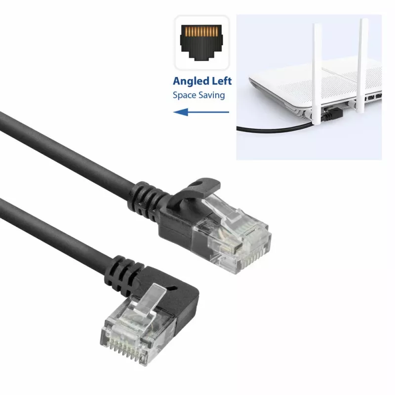 ACT musta 1,5 metriä U/UTP CAT6A LSZH Slimline-patch-kaapeli RJ45-liittimillä 90° kulma vasen suoraan