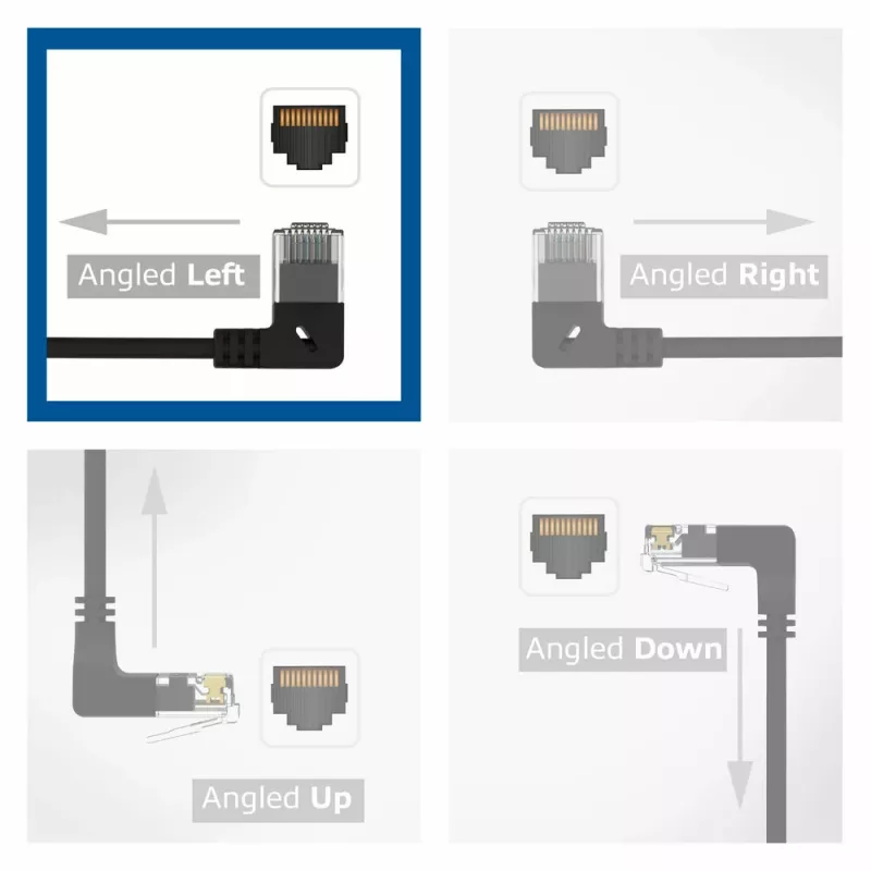 ACT musta 3 metriä U/UTP CAT6A LSZH Slimline-patch-kaapeli RJ45-liittimillä 90° kulma vasen suoraan