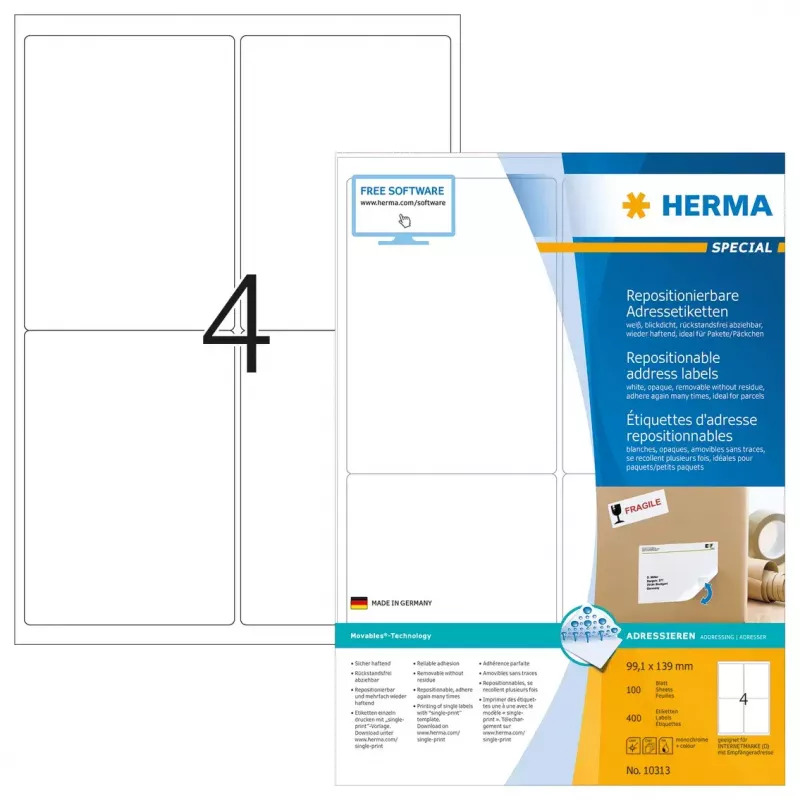 Irrotettavat osoitetarrat HERMA 10313 A4 99,1x139 mm 400 kpl