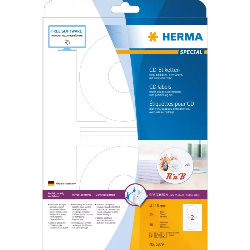 HERMA 5079 Special CD/DVD-tarrat, Ø 166 mm, pysyvä kiinnitys, himmeä, läpinäkymätön, valkoinen paperi, 50 kpl (25 arkkia x 2)