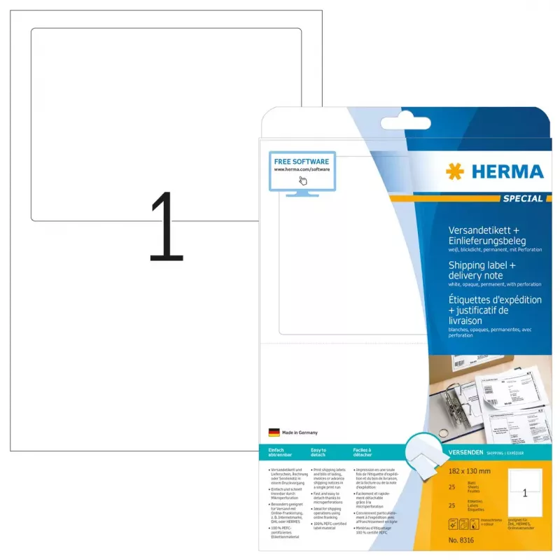 Lähetystarra + lähetysluettelo HERMA 8316