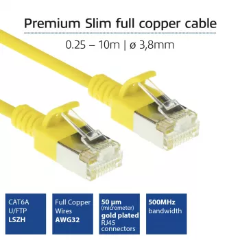 ACT keltainen 0,5 metrin LSZH U/FTP CAT6A datakeskuksen Slimline-verkkokaapeli ilman lukituskielekkeitä, RJ45-liittimillä