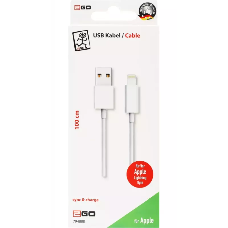 2GO 794888 Lightning-kaapeli 1 m valkoinen USB B