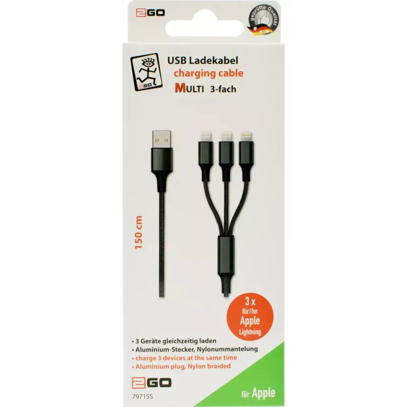 2GO 797155 Lightning-kaapeli 1,5 m musta USB B USB C Micro-USB B
