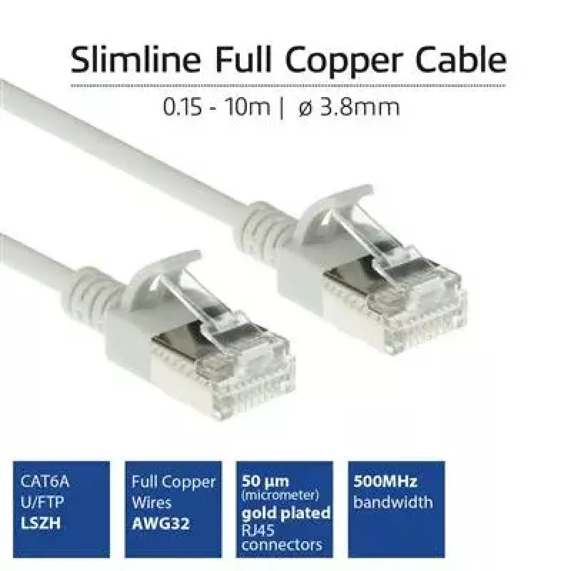 ACT harmaa 10 m LSZH U/FTP CAT6A datakeskuksen Slimline-patchkaapeli ilman lukituskynsiä RJ45-liittimillä